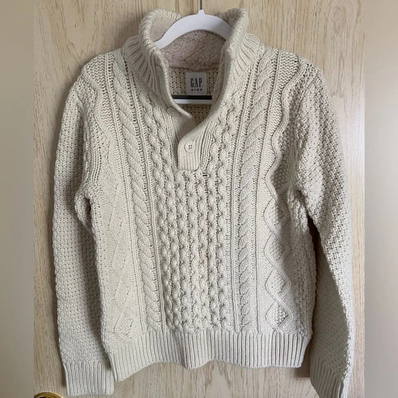 GAP Kids Mockneck Cable Knit Sweater Fisherman Unisex Cream Sz 8 - Picture 1 of 11